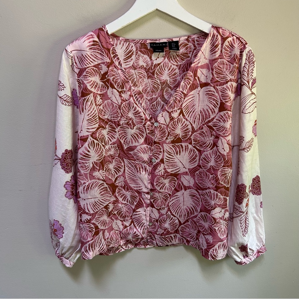 Tahari ~ Tropical Linen Balloon Sleeve Button Front Blouse size Small